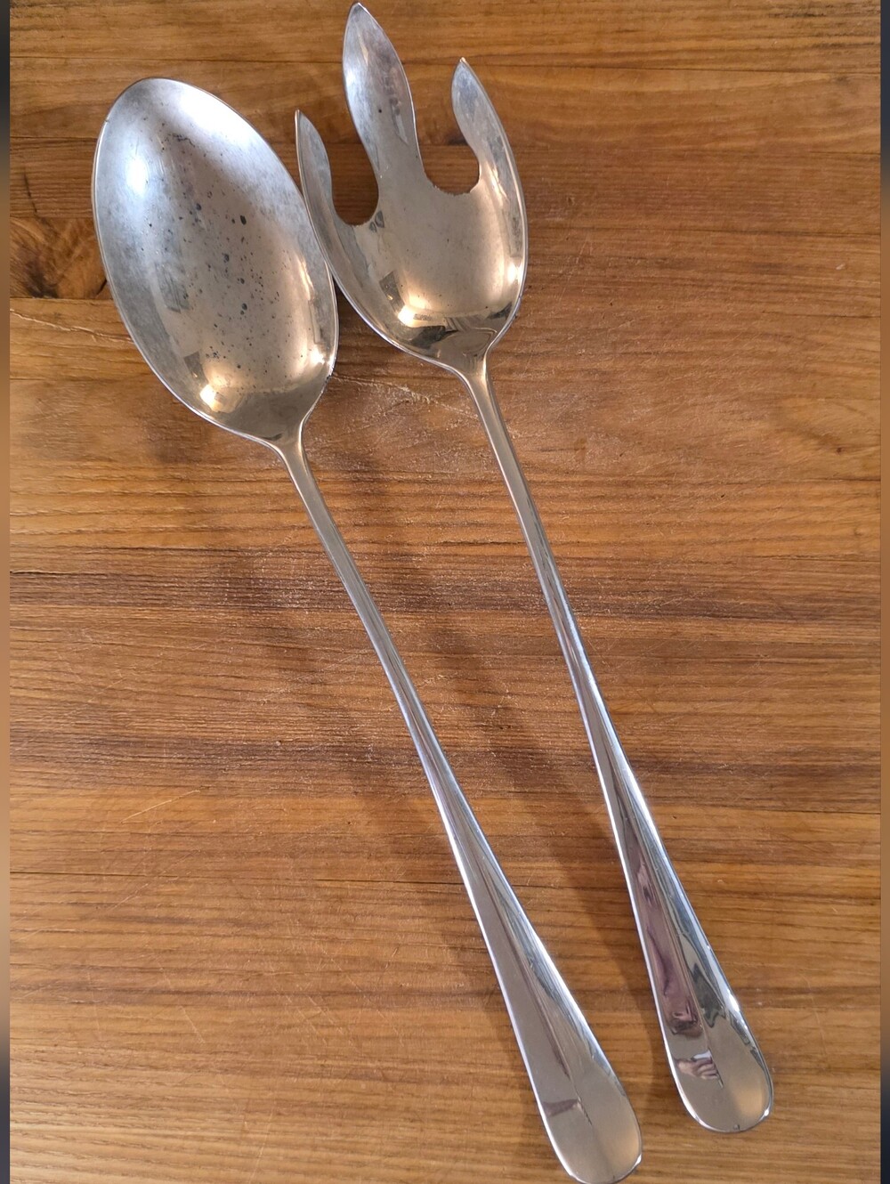 Vintage Silverplate Salad Serving Spoon Fork Set 12.5” MCM Modernist Holiday